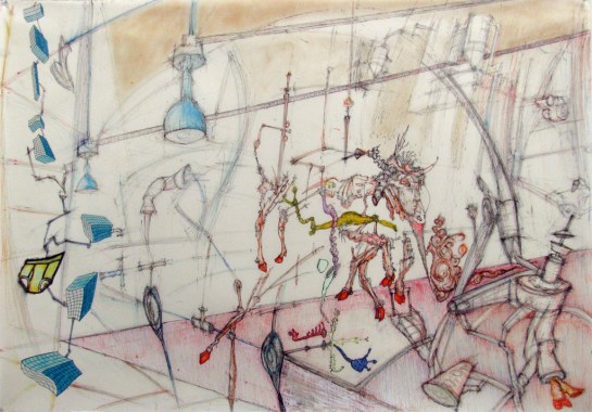 Even cowmen get the blues, mixed media on vellum, 37” x 26, 2009